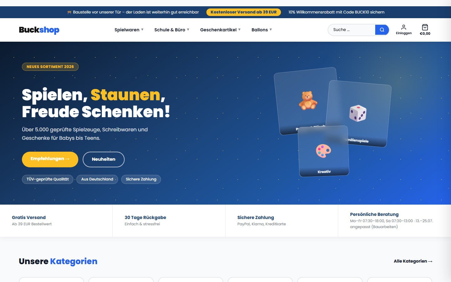 Aktuelle Startseite des Online-Shops BuckShop